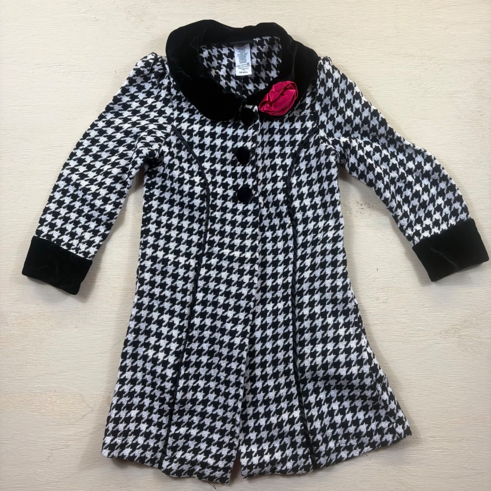 Holiday Editions Girls Houndstooth Coat Dress Black White Velvet Trim Party 6/6X